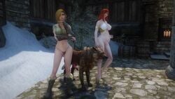 2girls animal_genitalia animated bestiality bethesda_softworks bottomless canine canine_penis clothing doggy_style game_screenshot high_heels impregnation interspecies interspecies_pregnancy kirinococaine knot knotting missionary_position no_sound nude oral outdoors panties pregnant public sex skyrim snow tagme the_elder_scrolls vaginal_penetration video winter wolf zoophilia