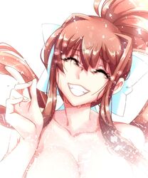 1girls alternate_version_available bittersweet bow bowtie breasts brown_hair closed_eyes completely_nude completely_nude_female crying cum doki_doki_literature_club female female_only hair_ornament hair_ribbon long_hair monika_(doki_doki_literature_club) naked naked_female nisego nude nude_female smile smiling solo solo_female tears tears_of_joy teeth upper_body white_ribbon