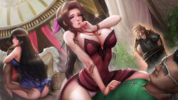 2girls 3boys aerith_gainsborough ass breasts cleavage cowgirl_position cuckold curvy dark-skinned_male female female_with_female final_fantasy final_fantasy_vii final_fantasy_vii_remake huge_ass huge_breasts kotch_(final_fantasy) male male_with_female male_with_male malesub netorare ntr panties restrained scotch_(final_fantasy) skirt straight tifa_lockhart windwalker