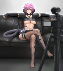 1girls au_ra black_clothing blue_eyes blush breasts camera casting_couch feet filming final_fantasy final_fantasy_xiv fishnets gloves horns huge_breasts large_breasts nail_polish nhaliz pink_hair semen_demon_(shirt) sin_faye smile stockings tail thick_thighs thighhighs thighs toes xaela