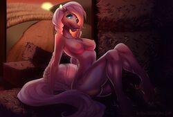 1girls anthro averageocporn blue_eyes braid braided_hair breasts equine female female_only furry long_hair medium_breasts nipples nude sitting smile solo sunset thick_thighs thighs twilight