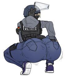 1girls ass ass_grab big_ass blonde_hair blue_eyes crouching female_only helmet iq_(rainbow_six) jeans lewdreaper looking_back rainbow_six rainbow_six_siege tight_clothing tight_jeans tight_pants tom_clancy