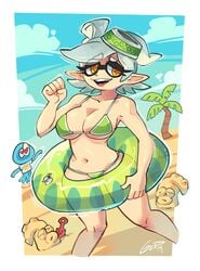 +_+ 1girls 5_fingers beach bikini busty female gerph green_bikini inkling jellyfish jellyfish_(splatoon) large_breasts marie_(splatoon) mole_under_eye nintendo octarian open_mouth pointy_ears splatoon splatoon_2 symbol-shaped_pupils tagme tentacle tentacle_hair unusual_pupils white_hair wide_hips yellow_eyes yellow_pupils