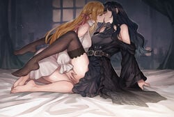 2girls black_dress black_hair blonde_hair closed_eyes dress female final_fantasy final_fantasy_xiv fishnets gaia_(ffxiv) highres hyur kissing leg_grab long_hair pengnangehao puffy_sleeves ribbon ryne_waters thighhighs white_dress yuri