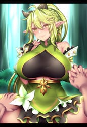 1boy 1girls anemos_(elsword) big_breasts black_panties blush breasts cameltoe chubby clothed clothing covered_nipples covering cowgirl_position earrings elf elf_ears elsword elsword_(character) excited eyes_visible_through_hair female fi-san gloves green_eyes green_hair heart-shaped_pupils leg_grab legs long_ears long_hair looking_at_viewer love no_humans panties pointy_ears rena_(elsword) ribbon skirt smile smiling tagme tattoo upskirt video_games