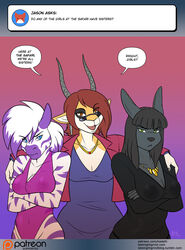 2018 3girls antelope big_breasts black_hair blue_eyes breasts brown_eyes brown_hair clothing colored_hair diamond_(kadath) ear english_text furry glasses glitter_(kadath) green_eyes horn jackal kadath kadath_tumblr_ask kadath_universe looking_at_viewer nightshade_(kadath) nipples patreon prostitute prostitution simple_background text zebra