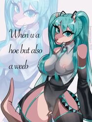 1girls anthro averageocporn big_breasts blue_hair breasts cameltoe chloe_(averageocporn) clothed clothing english_text female female_only furry hatsune_miku_(cosplay) hourglass_figure humor long_hair looking_at_viewer nipple_bulge otter small_waist smile solo text thick_bottom_lip thick_thighs thighs tied_hair