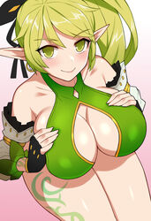 :) anemos_(elsword) big_breasts big_eyes blush breast_hold breast_suppress breasts cleavage cleavage_cutout earrings elf elf_ears elsword elsword_(character) eyebrows_visible_through_hair facial female female_only gloves green_eyes green_hair hand_on_breast high-angle_view large_breasts leg_tattoo long_hair looking_at_viewer matching_hair/eyes nipple_bulge nt00 panties pointy_ears ponytail rena_(elsword) ribbon shiny_hair shiny_skin short_ears smile solo tagme tattoo tribal_tattoo