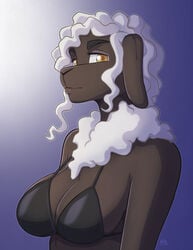 1girls 2017 anthro big_breasts bra breasts brown_eyes female_focus female_only gabby_(kadath) kadath kadath_universe looking_at_viewer sheep simple_background solo white_hair