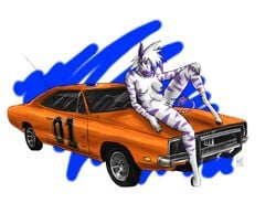 1girls anthro big_breasts blue_eyes breasts car colored_hair diamond_(kadath) ear_piercing female_focus female_only general_lee kadath kadath_universe looking_at_viewer nipples nude pussy simple_background solo tail zebra