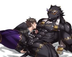 5:4 aaassstaro abs anal anal_fingering anthro duo felid fingering male male/male male_only male_penetrated mammal muscular muscular_male nipple_fetish nipple_play nipple_suck pantherine pecs penetration protagonist_(tokyo_afterschool_summoners) protagonist_4_(tokyo_afterschool_summoners) simple_background size_difference small_dom_big_sub sucking tezcatlipoca tokyo_afterschool_summoners video_games