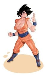 1girls big_breasts black_eyes black_hair blue_shoes dragon_ball dragon_ball_super female female_goku female_only genderswap john_doe orange_clothing rule_63 saiyan son_goku sweat turtle_school_uniform visible_nipples