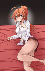 active_raid bed blouse blush_stickers legs orange_hair rin_yamabuki