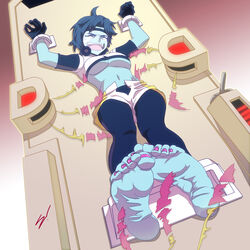 1girls arms_up awata_kaoruko blue_hair blue_skin boku_no_hero_academia bondage bubble_girl crying cuffs feathers feet female foot_fetish foot_focus kaoruko_awata machine midriff midriff_baring_shirt my_hero_academia navel pink_toenails scamwich short_hair standing thick_eyebrows tickle_machine tickle_torture tickling toe_curl toe_scrunch toenail_polish toes underboob