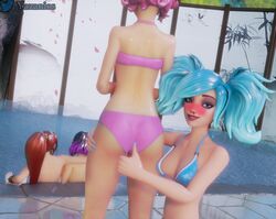 3d 4girls ass bathhouse bathing_suit bathing_together blue_eyes blue_hair blush cassie_(paladins) evie_(paladins) female female_only looking_at_viewer maeve_(paladins) multiple_girls nosebleed paladins pigtails pink_hair presenting_hindquarters skye_(paladins) small_ass smile sunkissed_cassie thumbs_up yazanios yuri