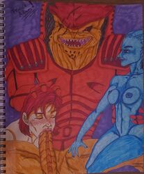 1boy 2girls alien alien_girl asari big_penis blowjob blue_eyes blue_skin breasts commander_shepard cross_species fellatio femshep freckles human interspecies krogan liara_t'soni male mass_effect multiple_females multiple_girls nipples nude oral oral_sex penis princeadam red_eyes sex traditional_media_(artwork) trio uncensored urdnot_wrex