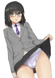 1futa bangs black_eyes black_hair blazer bob_cut bulge futa_only futanari glasses hair_ornament highres kamata_yuuya necktie original panties penis_in_panties penis_under_clothes penis_under_skirt purple_panties school_uniform skirt skirt_lift small_breasts solo suit tie underwear white_background