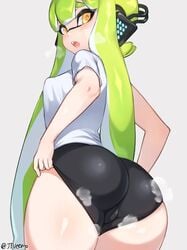 1girls agent_3_(splatoon) ass bike_shorts breasts bubble_butt dat_ass female female_only inkling inkling_girl jtveemo looking_at_viewer looking_back nintendo small_breasts solo splatoon steam thick_ass thick_thighs tight_clothing wide_hips