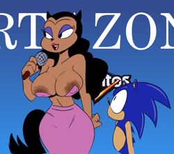 adventures_of_sonic_the_hedgehog american_sonic anthro big_breasts black_hair breasts cleavage clothed clothing collie_chang domestic_cat doritos duo eulipotyphlan eyeshadow felid feline felis female hair hedgehog huge_breasts lipstick looking_at_another makeup male mammal meme microphone mobian_(species) news_anchor nipple_outline open_mouth sega sonic_(series) sonic_the_hedgehog sonic_the_hedgehog_(series) teeth terrible_the_drawfag tight_clothing tight_topwear tongue topwear unibrow zeigram