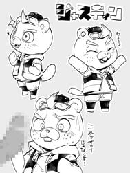 animal_crossing anthro batsusuke beaver blush buckteeth c.j._(animal_crossing) censored clothing embarrassed eyewear freckles genitals hat headgear headwear hi_res hoodie japanese_text male male_only mammal monochrome nintendo penis rodent solo solo_focus sunglasses teeth text topwear video_games