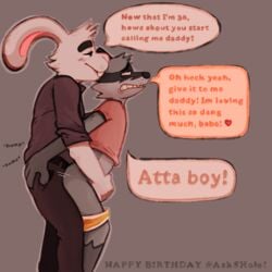 1:1 anal anal_sex anthro birthday birthday_sex blush bowserboy101 clothed clothing couple_(disambiguation) daddy_kink duo english_text genitals lagomorph leporid male male/male male_penetrated male_penetrating male_penetrating_male mammal narrowed_eyes orf partially_clothed penetration penis procyonid rabbit raccoon s_(therapywiths) sex simple_background speech_bubble text