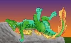 animal_genitalia anus araphre_(artist) balls dragon feral frill_(anatomy) genitals hi_res kite_(monsterfuzz) looking_at_viewer lying male male_only on_back paws presenting reclining rock sheath simple_background solo wings