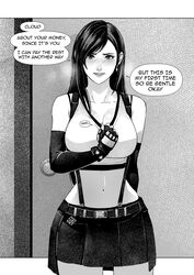 1girls assertive big_breasts blush breasts cirenk cleavage clothed comic door earrings english_text female female_only female_virgin final_fantasy final_fantasy_vii final_fantasy_vii_remake greyscale highres horny hourglass_figure imminent_sex invitation large_breasts long_hair looking_at_viewer midriff monochrome navel offscreen_character prostitution skirt solo speech_bubble suspenders tank_top tifa_lockhart virgin voluptuous