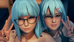 2girls 3d ahwlly ahwlly_(artist) black_nails blue_hair dead_or_alive female female_only glasses green_eyes looking_at_viewer nico_(doa) peace_sign pink_eyes self_insert selfie smile sunlight sunset sweater v