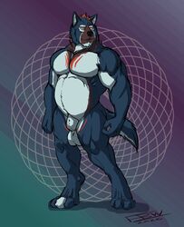 absurd_res animal_genitalia animal_penis anthro balls belly blue_body blue_fur canid canine canine_penis canis detailed_background fullbodywolf fur genitals hair hi_res male male_only mammal markings musclegut muscular muscular_male orange_hair pecs penis pose sheath solo standing white_body white_fur wolf ypsilon