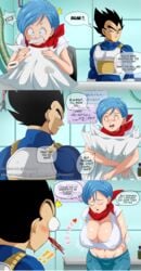 1boy 1girls breasts bulma_briefs cleavage comic dragon_ball dragon_ball_super dragon_ball_z fran-hen741 funny funsexydragonball huge_breasts lactation lactation_through_clothes nosebleed vegeta wide_hips