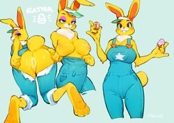 2020 animal_crossing anthro anus ass bebebebebe breasts clothed clothing crossgender easter easter_egg english_text female female_focus freckles fur furry furry_only genitals green_eyes hi_res holidays lagomorph looking_at_viewer looking_back mammal mostly_clothed mtf_crossgender nintendo nipples overalls partially_clothed presenting presenting_hindquarters presenting_pussy pussy rear_view rule_63 simple_background smile solo solo_female tail teeth text video_games yellow_body yellow_fur zipper_t._bunny