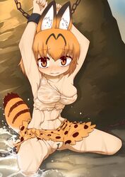 7liquid adapted_costume animal_ears animal_print armpits bar_censor bare_shoulders bondage censored chains eyebrows_visible_through_hair female hair_between_eyes highres kemono_friends orange_eyes orange_hair serval_(kemono_friends) serval_ears serval_print serval_tail short_hair tail tears wet wet_clothes