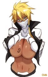 1girls big_breasts bleach breasts cleavage clothed clothing dark-skinned_female dark_skin female female_only huge_breasts large_breasts lightsource solo tia_harribel veins veiny_breasts