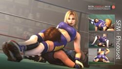 2girls 3d absurdres asphyxiation ass blonde_hair breasts brown_hair choke_hold cleavage crossover dead_or_alive dead_or_alive_5 facesitting femdom hands_on_hips headscissor held_down helpless highres kazama_asuka leg_lock pinned smile tekken tekken7wallpapers tekken_7 tina_armstrong wrestling wrestling_ring