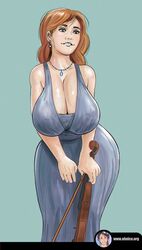 1girls bare_shoulders big_breasts blue_background blue_dress brown_hair busty cleavage curvy dress female huge_breasts long_breasts long_hair looking_at_viewer mature mature_female milf musician necklace nipple_bulge oh!nice original original_character realdoll smiling solo thick_thighs tight_clothing url violin