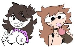 2girls breasts breasts_out brown_hair dark-skinned_male deatthot disembodied_penis heart-shaped_pupils imminent_oral jaiden jaiden_animations jaidenanimations penis shgurr shirt_lift shirt_up youtube youtuber