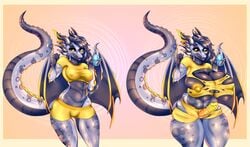 absurd_res anthro breast_expansion breasts clothing dragon expansion exposed_breasts felicer genitals herm hi_res horn intersex scales scalie simple_background solo thick_thighs thigh_expansion torn_clothing vi wings