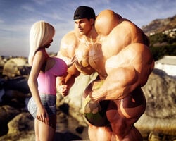 1boy 1girls bimbo blonde_hair breast_implants extreme_muscles huge_breasts hyper_muscles hyper_penis jean_shorts muscle_worship muscular_male pecs ridiculous_proportions shirtless straight touching worship