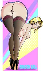 android_18 anus bent_over big_breasts blonde_hair blue_eyes bob_cut dragon_ball dragon_ball_z female female_only high_heels looking_back nipples pussy short_hair stockings thighhighs tl@lock