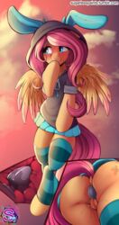 2017 absolute_territory anal anus ass blush bodily_fluids buttplug cloud cutaway cutie_mark equid equine feathered_wings feathers female fluttershy_(mlp) friendship_is_magic furry genital_fluids genitals highres mammal my_little_pony outdoors pattern_clothing pattern_legwear pterippus pussy pussy_juice semi-anthro sex_toy smile solo straight_hair striped_clothing striped_legwear stripes sugarlesspaints text thighhighs url wings