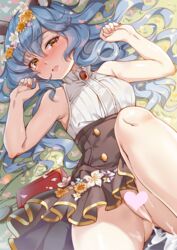 after_sex after_vaginal alternate_costume animal_ears anus ass bare_shoulders blue_hair blush breasts censored cum cumdrip erune female ferry_(granblue_fantasy) granblue_fantasy heart heart_censor high-waist_skirt high_collar long_hair looking_at_viewer lying miazi no_panties on_back open_mouth orange_eyes red_nails saliva saliva_trail skirt sleeveless small_breasts solo thighs wavy_hair