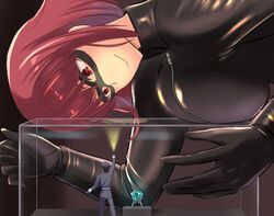 burglar flashlight giantess grin huge_breasts jewel large_breasts larger_female looking_at_another looking_down looking_up red_eyes red_hair security security_guard shrunk shrunken_male size_difference smaller_male smiling stealing thief upper_body