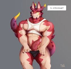 2020 absurd_res anthro black_clothing black_underwear blush bodily_fluids claws clothed clothing cthugha_(tokyo_afterschool_summoners) dialogue dragon english_text genital_fluids genitals grey_background hi_res makowolf1 male male_only nipples partially_clothed pecs penis precum presenting presenting_penis purple_eyes red_body scalie shirt simple_background solo speech_bubble text tokyo_afterschool_summoners topwear underwear video_games white_clothing white_shirt white_topwear