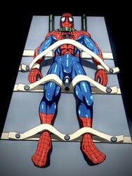 bodysuit bondage bound bound_ankles bound_legs bound_wrists bulge captured dominated domination erection forced helpless imminent_orgasm immobile immobilization male male_focus male_only male_penetrated malesub marvel muscles muscular muscular_male restrained solo solo_focus solo_male spandex spider-man spider-man_(series) straight_hair strapped_down strapped_to_a_table tight-web