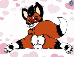 anthro anus ass balls canid canine chibi fox genitals grin hi_res looking_back male male_only mammal miharu_(artist) paws pose presenting presenting_hindquarters redrick redrick_(erickredfox) smile solo spread_legs spreading