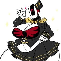 bastion_(overwatch) blizzard_entertainment chubby chubby_female cleavage female hat heart no_humans overwatch overweight robot rule_63 single_eye skirt thick_thighs tight_clothing tummy uniform waving