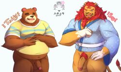 2020 absurd_res animal_crossing anthro balls belly brown_body brown_fur closed_eyes clothing duo felid fur genitals hachura hi_res humanoid_genitalia humanoid_hands humanoid_penis lion male male_only mammal muscular navel nintendo one_eye_closed overweight overweight_male pantherine penis pubes rory_(animal_crossing) shirt simple_background teddy_(animal_crossing) teeth text topwear ursid video_games white_background wink