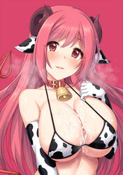 1girls after_paizuri animal_ears animal_print bangs bare_shoulders bell bell_collar blush breasts cleavage collar collarbone cow_ears cow_print cowbell cum cum_on_body cum_on_breasts cum_on_upper_body curled_horns demon_horns demon_tail elbow_gloves female gloves horns horosuke_(toot08) huge_breasts io_(princess_connect!) large_breasts light-skinned_female light_skin long_hair looking_at_viewer navel parted_lips pink_background pink_eyes pink_hair princess_connect! princess_connect!_re:dive simple_background smile solo solo_female tail