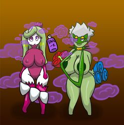 2girls anthro anthrofied ass bikini breasts cameltoe clothes dizzy feet flora_fauna flower half-closed_eyes harvestman_here huge_ass huge_breasts hypnosis mind_control multiple_girls pheromones plant pokémon_(species) pokemon pokemon_dppt pokemon_sm pussy roserade sling_bikini smile thick_thighs tin_can tsareena undressing wide_hips