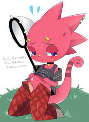 2020 animal_crossing black_text blush bodily_fluids bottomwear butterfly_net chameleon clothed clothing clothing_lift erection fjnm000 flick_(animal_crossing) genitals grass hi_res kneeling lizard male male_only nintendo open_pants pants partially_clothed penis piercing red_bottomwear red_clothing red_pants reptile scalie shirt shirt_lift simple_background sleeveless_shirt solo tears text topwear video_games white_background